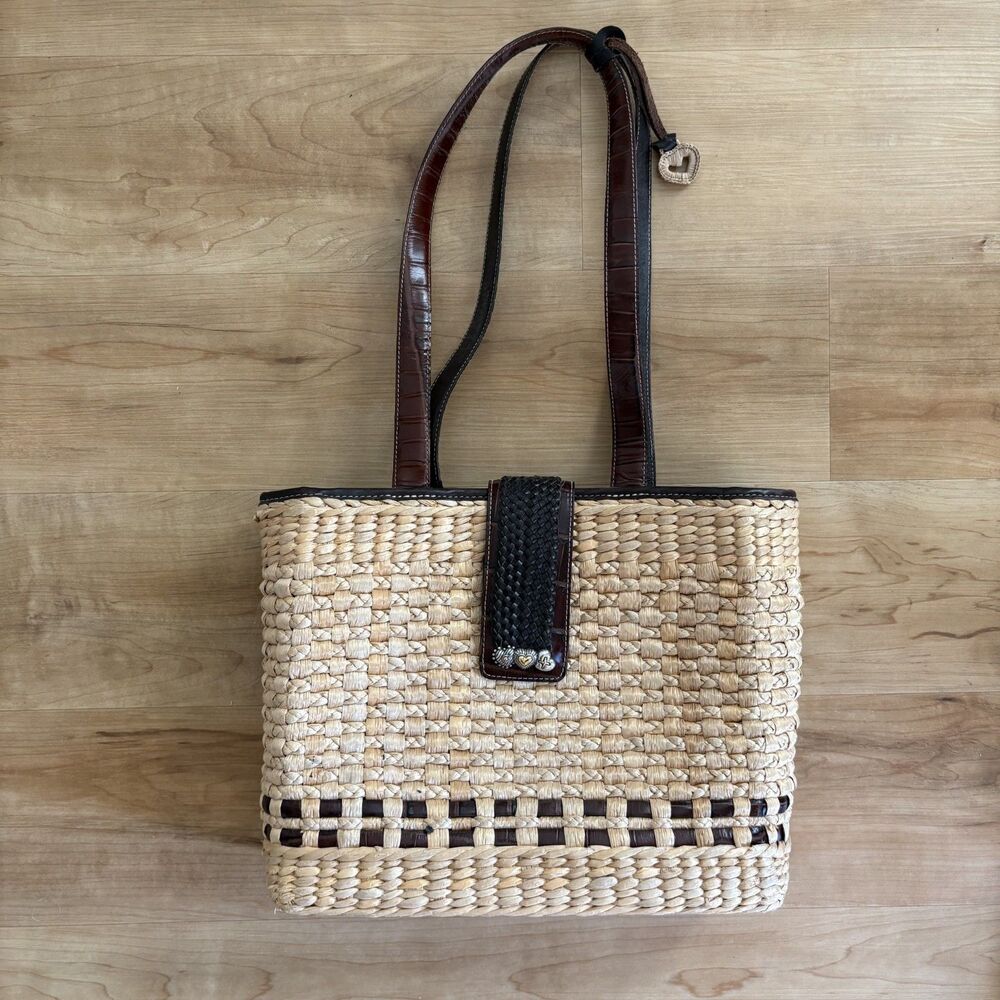 Brighton Hallie Woven Raffia & Brown Croc Leather Beach Bag Purse